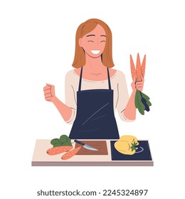 Woman Character Cooking at Home Standing at Table with Carrot and Vegetables Vector Illustration