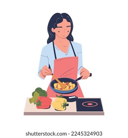 Woman Character Cooking at Home Standing at Table with Frying Pan and Vegetables Vector Illustration