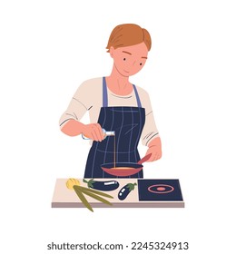 Woman Character Cooking at Home Standing at Table Pouring Oil on Frying Pan Vector Illustration