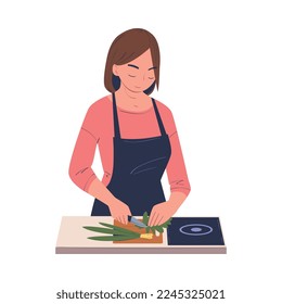 Woman Character Cooking at Home Standing at Table Chopping Onion with Knife Vector Illustration