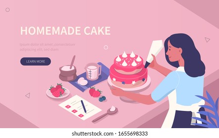 Woman Character Cooking Homemade Cake on Kitchen. Girl Looking at Recipe and  Preparing Sweet Dessert with Cream. Confectioner at Work. Bakery and Pastry Concept. Flat Isometric Vector Illustration.