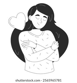 Woman character in cozy sweater hug herself. Self acceptance, self love concept. Vector flat illustration for website or app in outline style