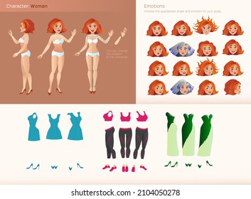 A woman is a character to create animation from different angles in several costumes and a set of emotions