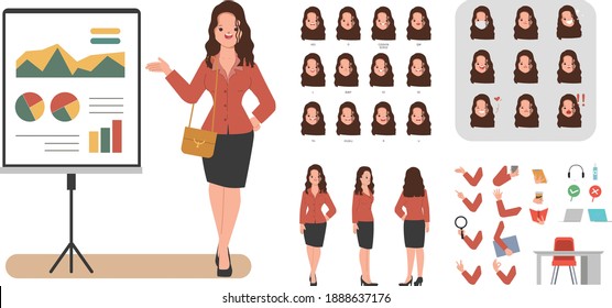 Woman character creation for animation. Animated face emotion and mouth and hair. Flat cartoon character design.