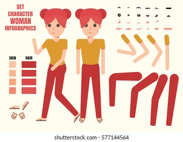 Woman character creation set. Build your own design. Cartoon vector flat-style infographic illustration