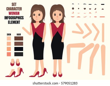 Woman character creation set. Build your own design. Cartoon vector flat-style infographic illustration