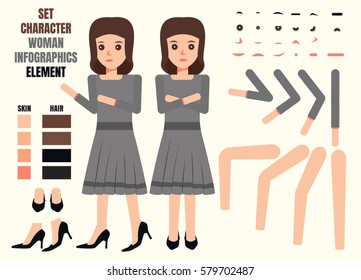 Woman character creation set. Build your own design. Cartoon vector flat-style infographic illustration