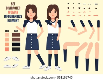 Woman character creation set. Build your own design. Cartoon vector flat-style infographic illustration