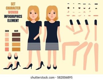 Woman character creation set. Build your own design. Cartoon vector flat-style infographic illustration