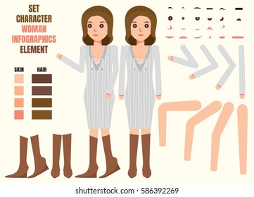 Woman character creation set. Build your own design. Cartoon vector flat-style infographic illustration