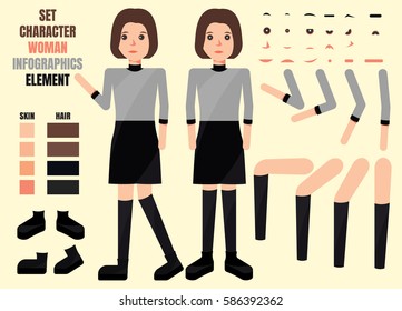 Woman character creation set. Build your own design. Cartoon vector flat-style infographic illustration