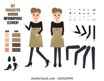 Woman character creation set. Build your own design. Cartoon vector flat-style infographic illustration