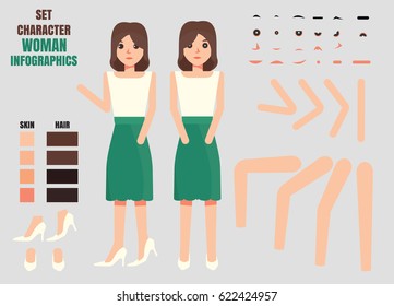 Woman character creation set. Build your own design. Cartoon vector flat-style infographic illustration