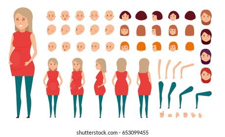 Woman character creation set. Diverse set of pregnant women. Icons with different types of faces, emotions, front, rear side. Cartoon flat-style infographic illustration