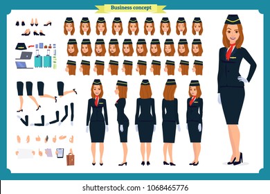 Woman character creation set. The stewardess, flight attendant. Icons with different types of faces and hair style, emotions, front, rear side. Vector flat illustration