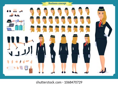 Woman character creation set. The stewardess, flight attendant. Icons with different types of faces and hair style, emotions, front, rear side. Vector flat illustration