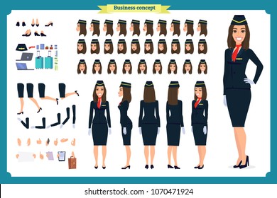 Woman character creation set. The stewardess, flight attendant. Icons with different types of faces and hair style, emotions, front, rear side. Vector flat illustration