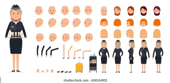 Woman character creation set. The stewardess, flight attendant. Icons with different types of faces and hair style, emotions, front, rear side. Vector flat illustration