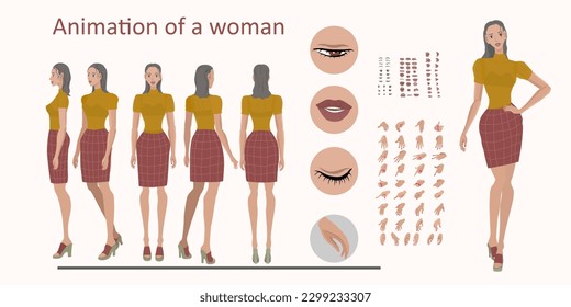 Woman character creator. Facial expression, hand gestures. Front, back, side and three-quarter view.

