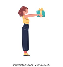 Woman Character with Curly Hair Giving Gift Box Engaged in Holiday Congratulation Vector Illustration
