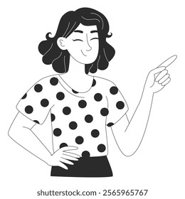 Woman character with curly hair, pointing to right in a polka-dot shirt. Vector flat illustration for web or app design in outline style