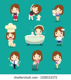 Woman Character Cute Cartoon with baby housemaid Vector