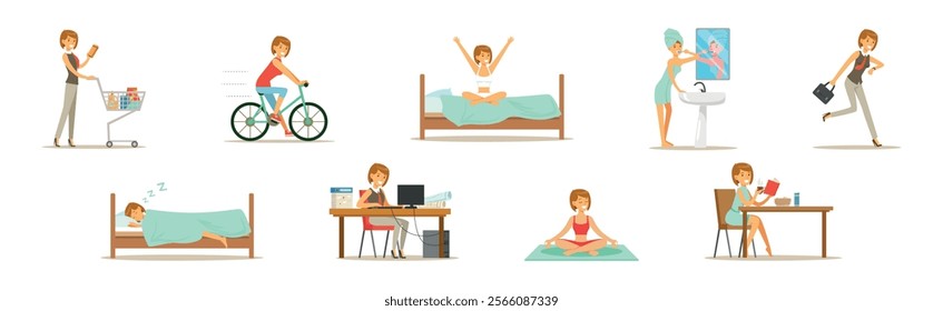 Woman Character Daily Routine Different Activity Vector Set