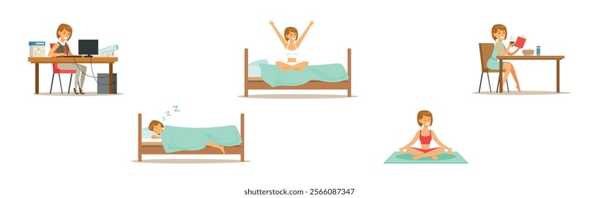 Woman Character Daily Routine Different Activity Vector Set