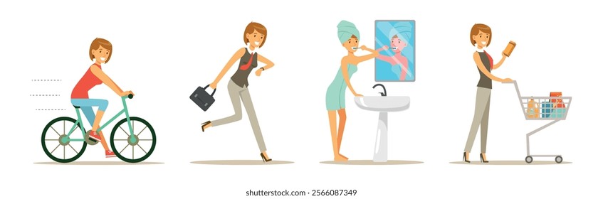 Woman Character Daily Routine Different Activity Vector Set