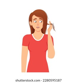 Woman Character With Damaged Hair, Dryness And Split-ends. Image Promote Hair-care Products Or To Create Awareness