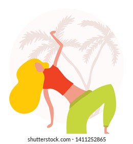 Woman character dancing in a modern flat style. Isolated girl on tropical palm background. Happy Woman. Teen dancing outside vector illustration