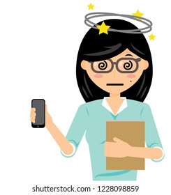 woman character design be confused and hold mobile phone vector Illustration