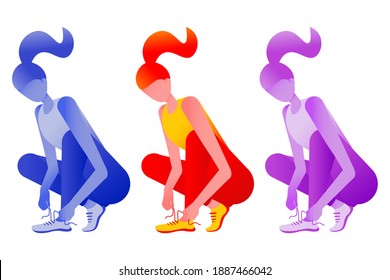 Woman character designed with gradient colours preparing for a run or sport activity and tying her sport shoes