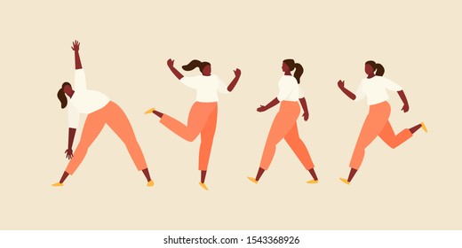 Woman character in different poses and movements. Running, walking, jumping, training. Vector flat illustration