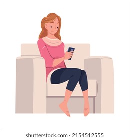 Woman Character with Digital Device Sitting in Armchair Suffering from Internet Addiction Vector Illustration