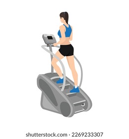 Woman character doing Cardio, stair master exercise. flat vector illustration isolated on different layers