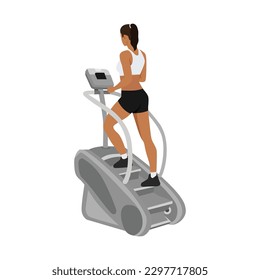 Woman character doing Cardio, stair master exercise. flat vector illustration isolated on different layers