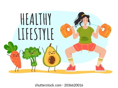 Woman character doing exercise and having healthy nutrition. Vector flat cartoon graphic design illustration