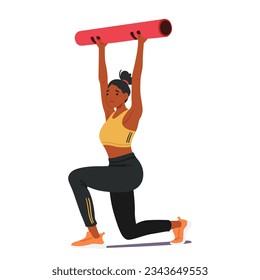 Carácter femenino que realiza ejercicios de fitness o que impulsa la formación con equipos, enfocándose en diferentes grupos musculares, mejorando la flexibilidad y promoviendo la salud general. Ilustración de vectores de personas de caricatura