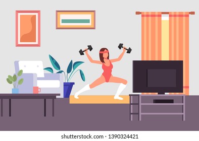 Woman character doing fitness sport at home on TV instructor. Home exercising concept. Vector flat cartoon graphic design illustration