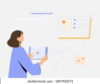 Woman character doing presentation using tablet, new and remote technologies for business. Vector illustration