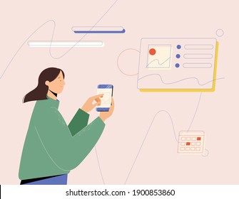 Woman character doing presentation using smartphone, new and remote technologies for business. Vector illustration