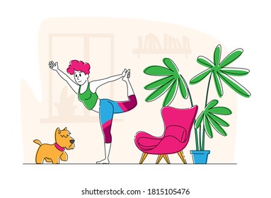 Woman Character Doing Stretching or Yoga Exercises at Home. Fitness, Sport and Healthy Lifestyle. Girl Practicing Gymnastics Workout Class for Flexibility and Fit Body. Linear Vector Illustration