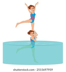 Personaje de la mujer que hace la actividad del deporte acuático con la Ilustración vectorial de la acrobacia.