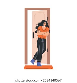 Woman Character at the Door as Home Entrance Vector Illustration