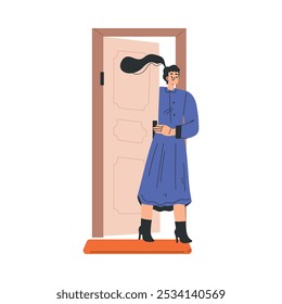 Woman Character at the Door as Home Entrance Vector Illustration