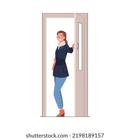 Woman Character at the Door Opening and Closing It Entering or Leaving Home Vector Illustration