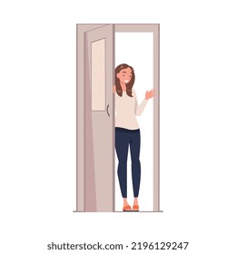 Personaje femenino en la puerta abriéndola entrando en la ilustración del vector del hogar