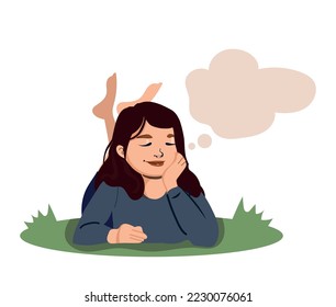 Woman Character Dreaming Imagining and Fantasizing Having Spontaneous Thought in Bubble Lying on Grass Vector Illustration.