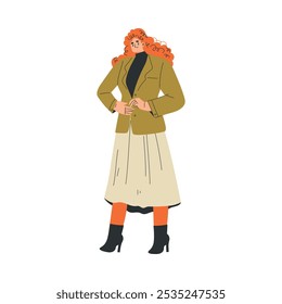 Mulher Personagem Vestir-se Colocar em Roupas Botão Jacket Vetor Ilustração